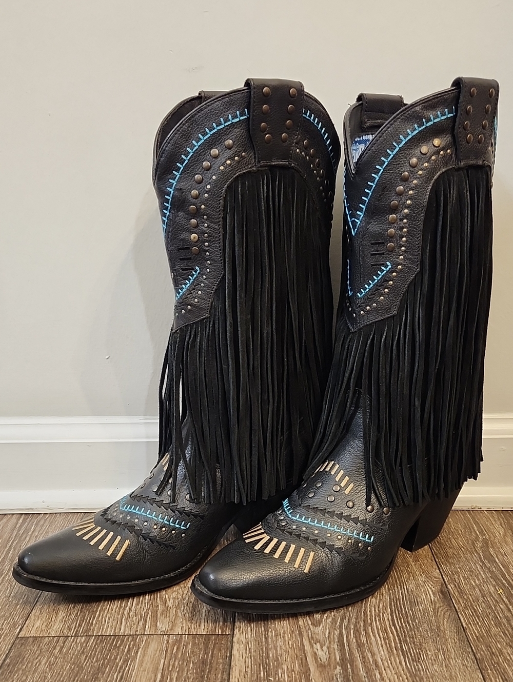 Dingo Womens Gypsy Fringe Leather Country Western Boots Black Size 10 DI 737